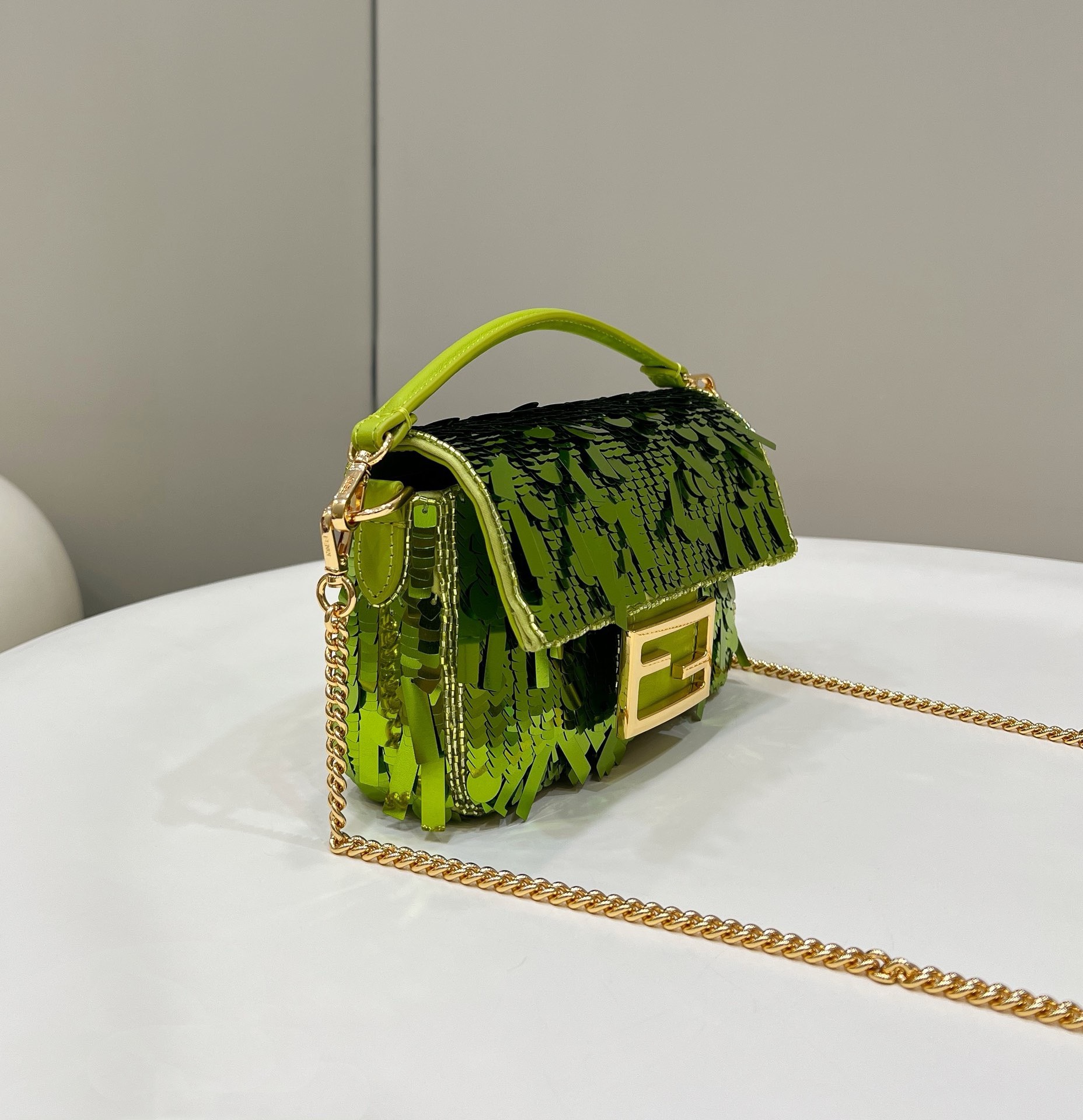 Bagsaaa F**di Mni Baguette Acid green sequin and leather bag - 19*5*11cm