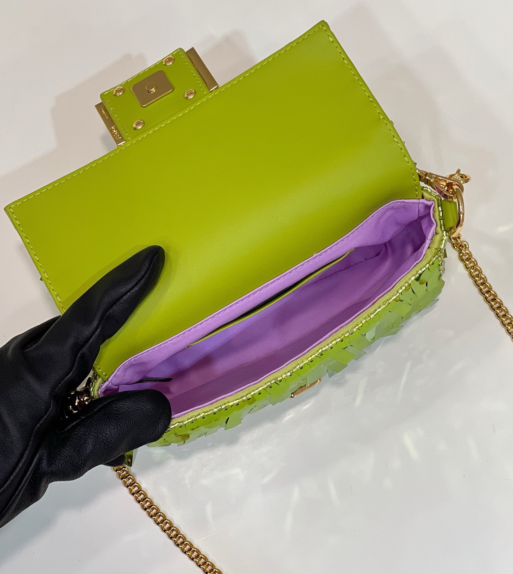 Bagsaaa F**di Mni Baguette Acid green sequin and leather bag - 19*5*11cm
