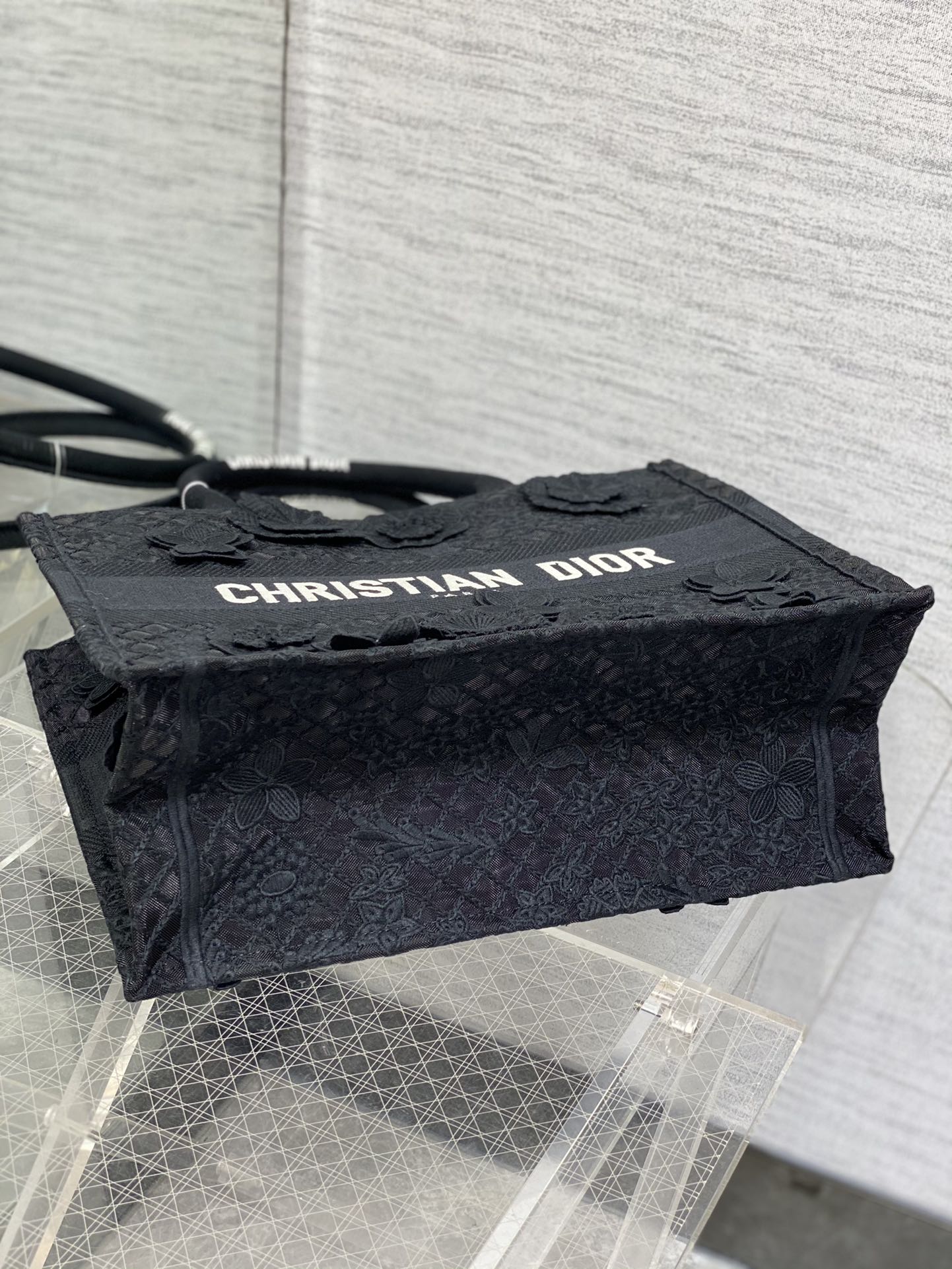 Bagsaaa D10r Book Tote Medium Black D-Lace Flower Embroidery with 3D Macramé Effect