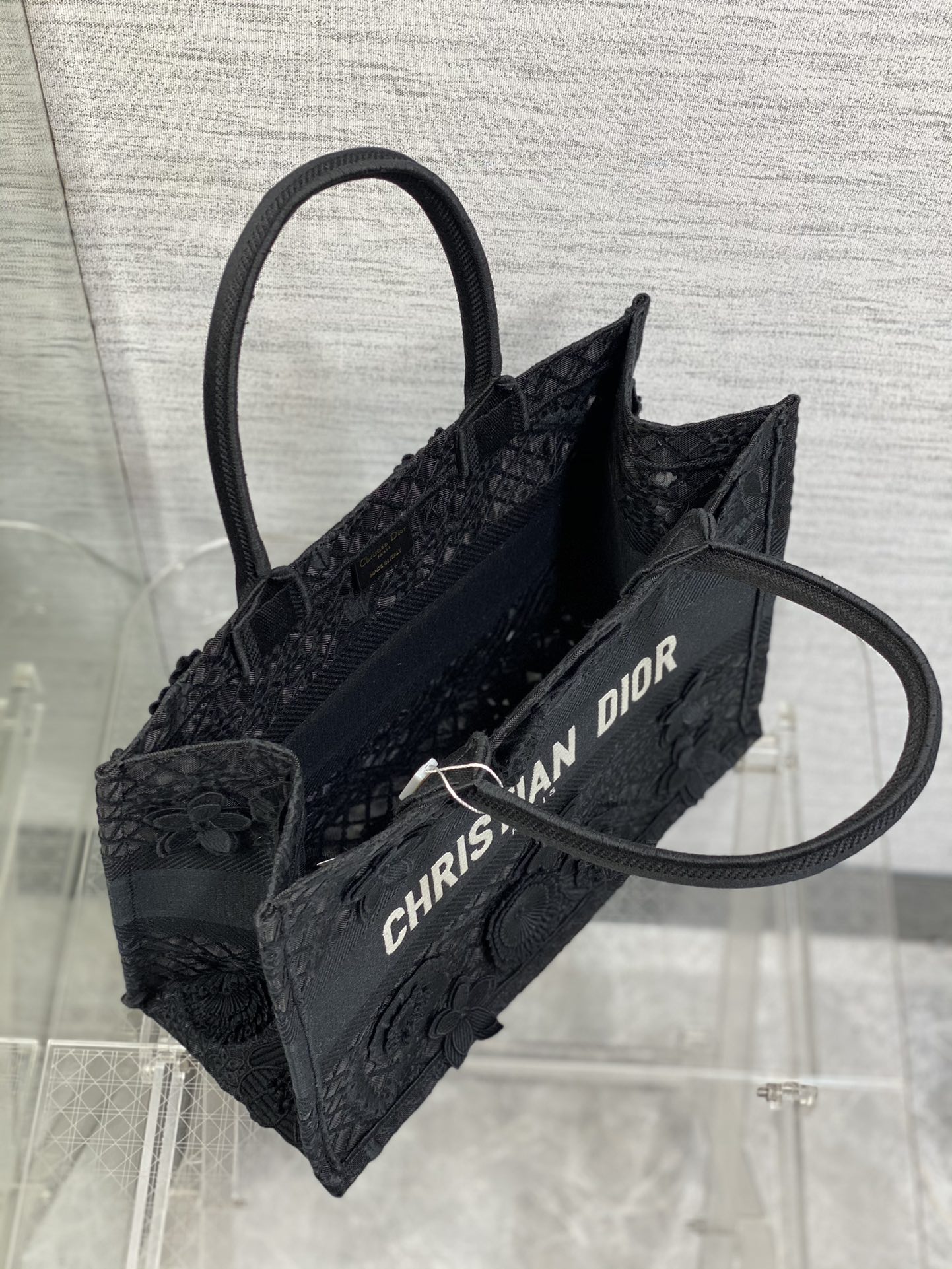 Bagsaaa D10r Book Tote Medium Black D-Lace Flower Embroidery with 3D Macramé Effect