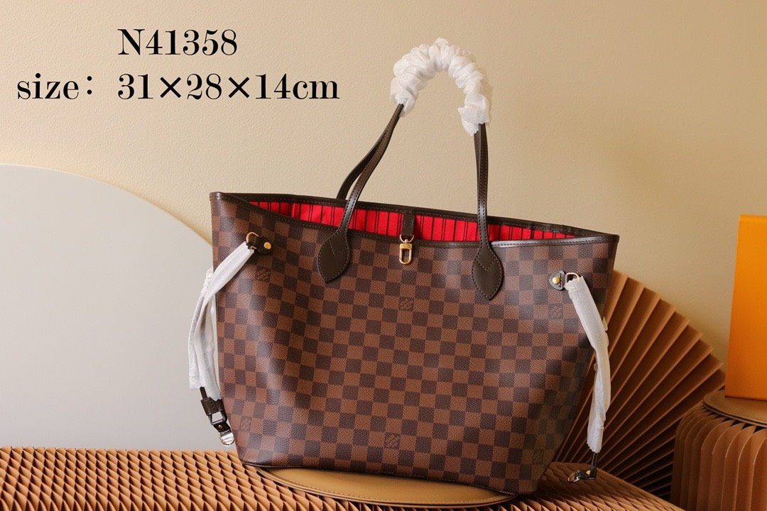 LV original Neverfull shopping bag N41358 coffee with red