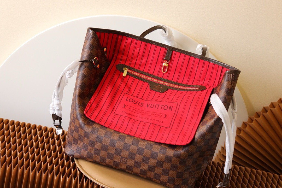 LV original Neverfull shopping bag N41358 coffee with red