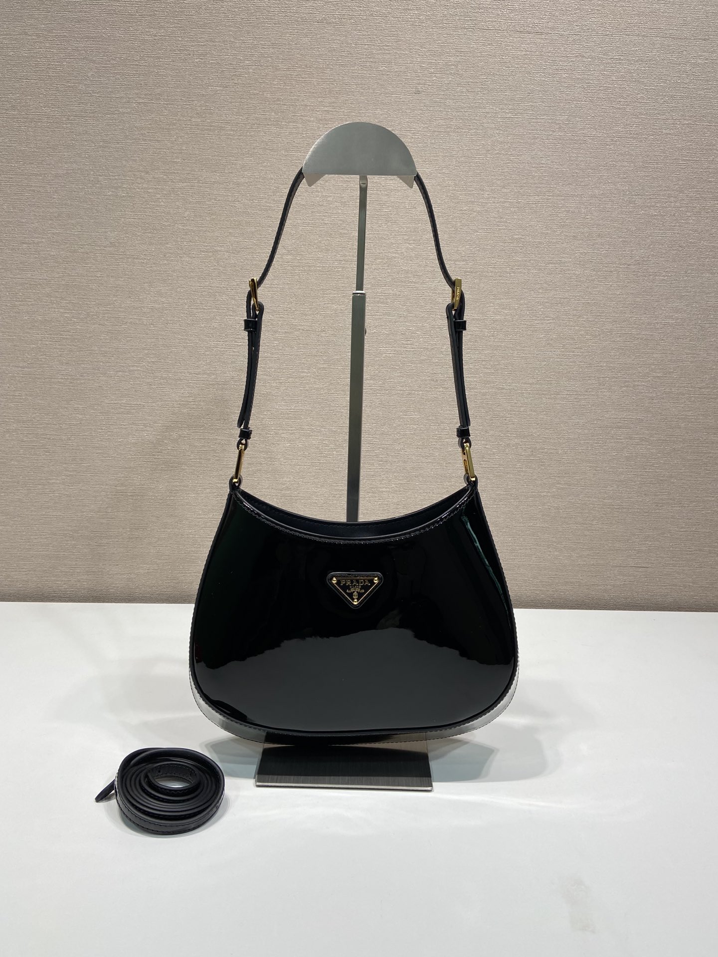 Bagsaaa Pra*a Hobo Shoulder Bag Black Patent Leather - 22*18.5*4.5cm