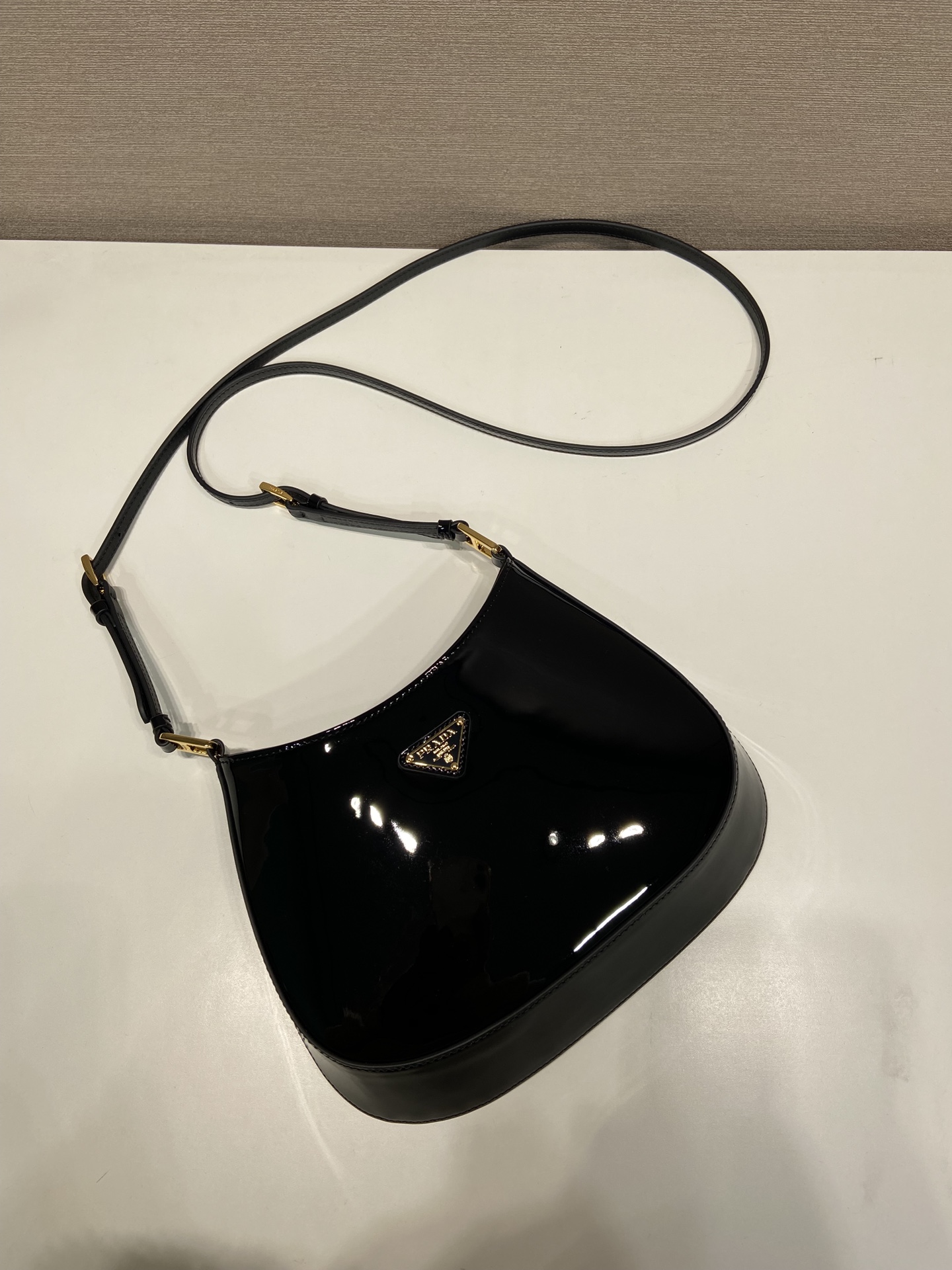 Bagsaaa Pra*a Hobo Shoulder Bag Black Patent Leather - 22*18.5*4.5cm