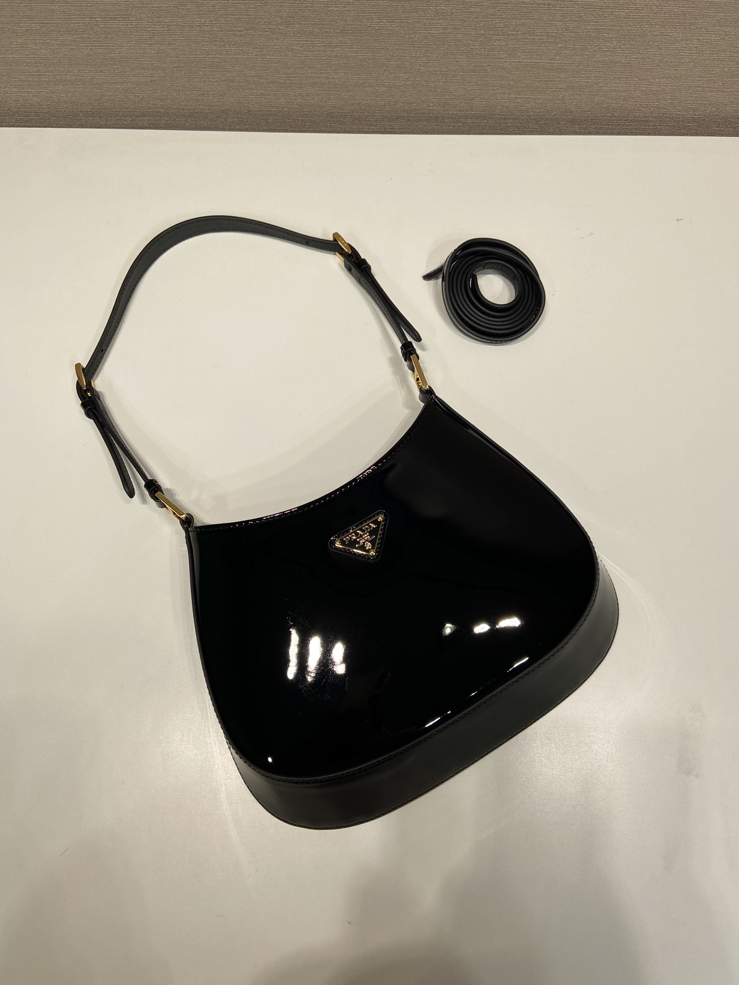 Bagsaaa Pra*a Hobo Shoulder Bag Black Patent Leather - 22*18.5*4.5cm