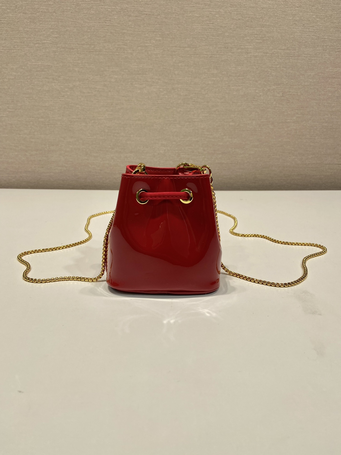 Bagsaaa Pra*a Patentm Cherry Red Leather Mini Pouch - 10*12*7cm