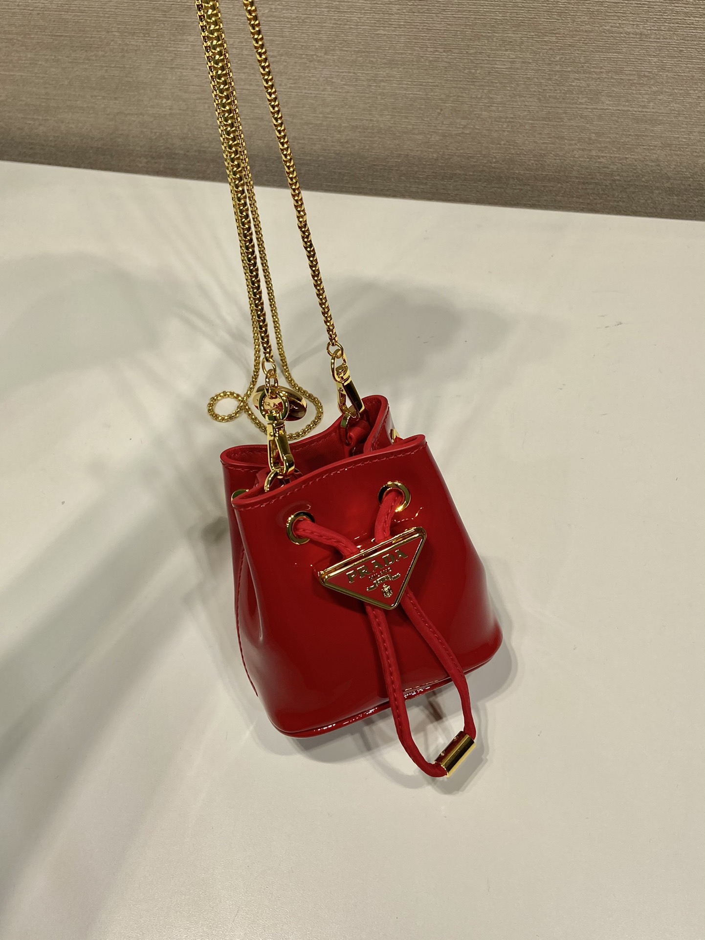 Bagsaaa Pra*a Patentm Cherry Red Leather Mini Pouch - 10*12*7cm