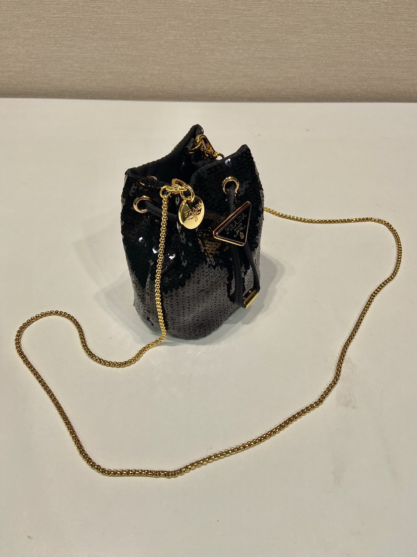 Bagsaaa Pra*a Sequined Satin Black Mini Pouch - 10*12*7cm