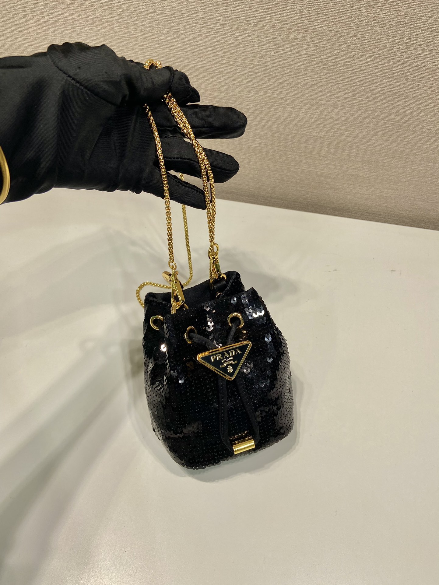 Bagsaaa Pra*a Sequined Satin Black Mini Pouch - 10*12*7cm