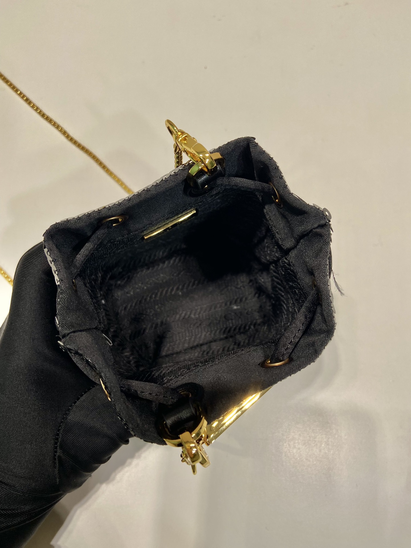 Bagsaaa Pra*a Sequined Satin Black Mini Pouch - 10*12*7cm