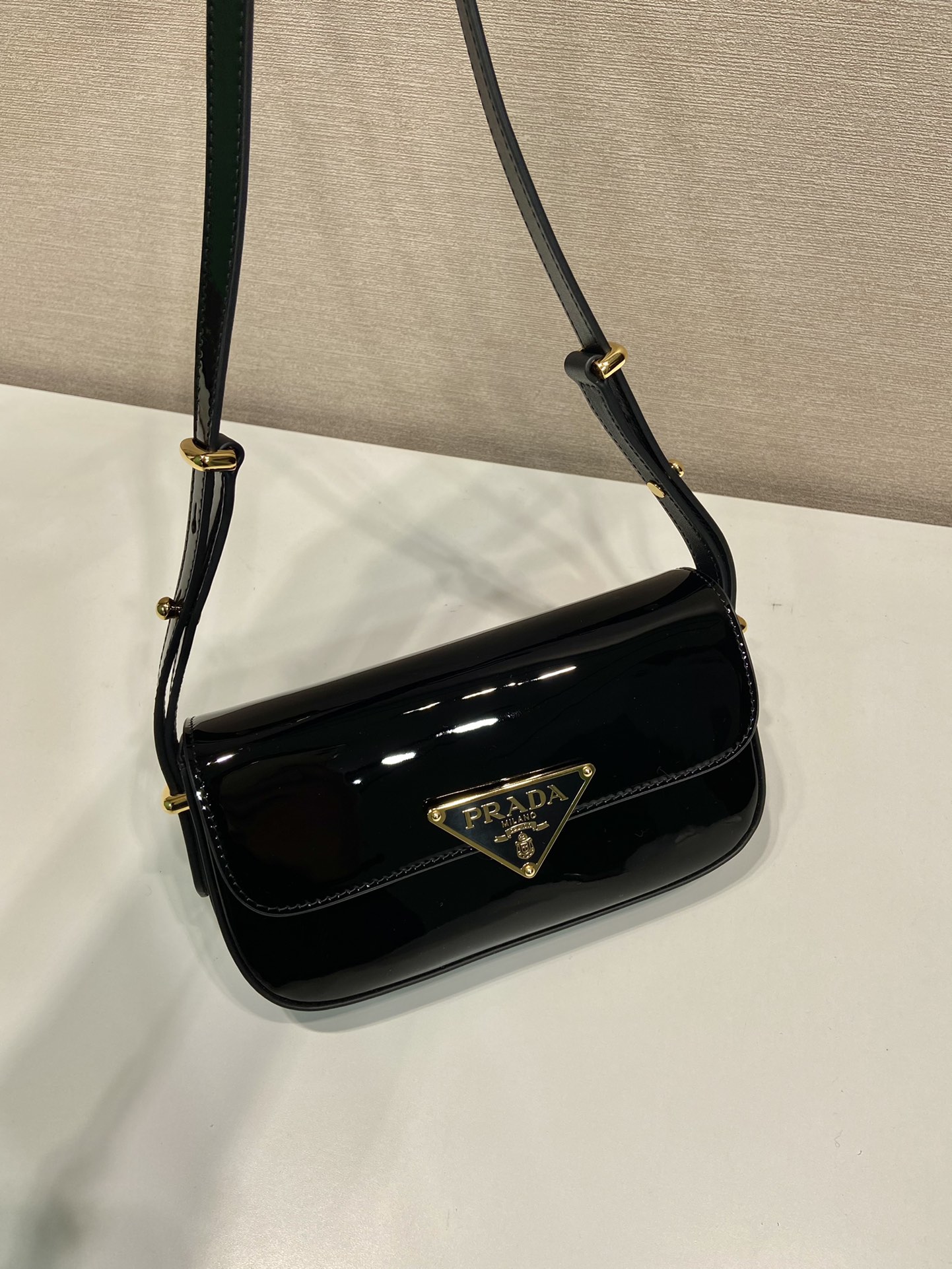 Bagsaaa Pra*a Shoulder Patent Leather Bag in black - 10.5*20.5*4cm