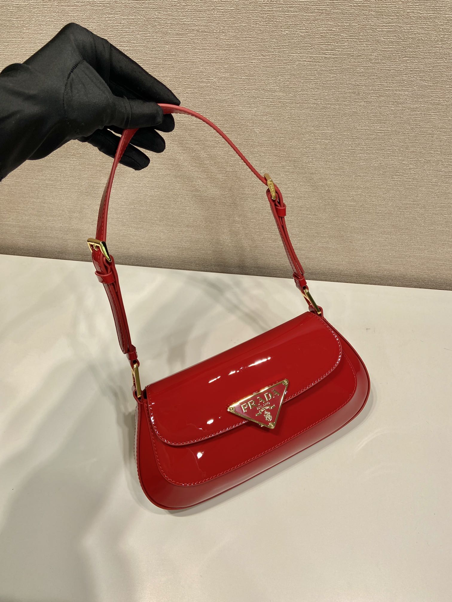 Bagsaaa Pra*a Cherry Red Patent Leather Shoulder Bag - 24*11*4cm
