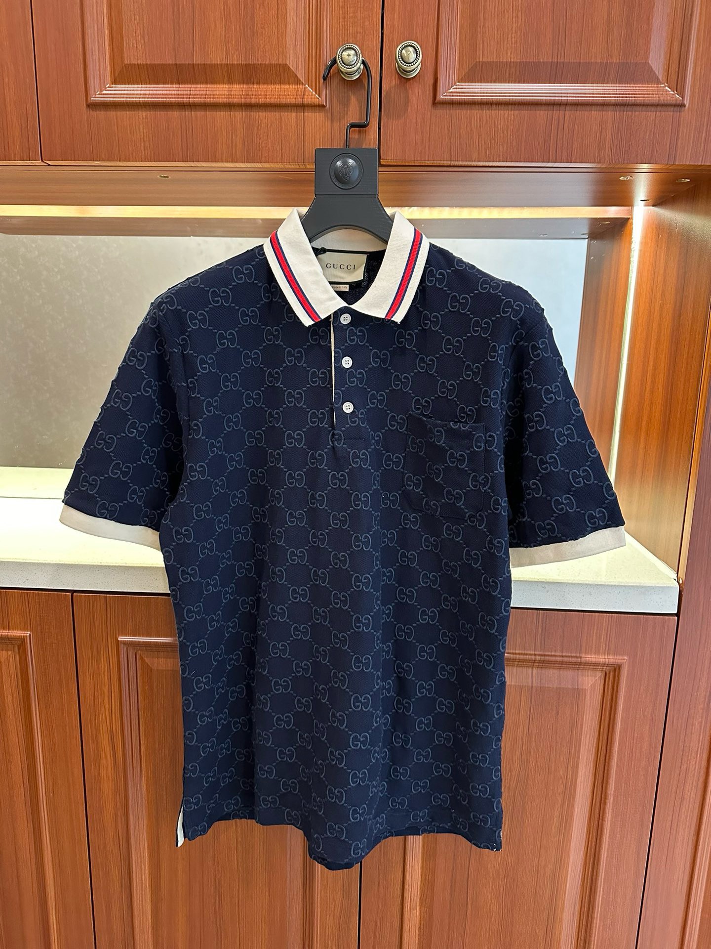 Bagsaaa Gvc*1 Cotton Polo Shirt With GG Embroidery In Dark Blue