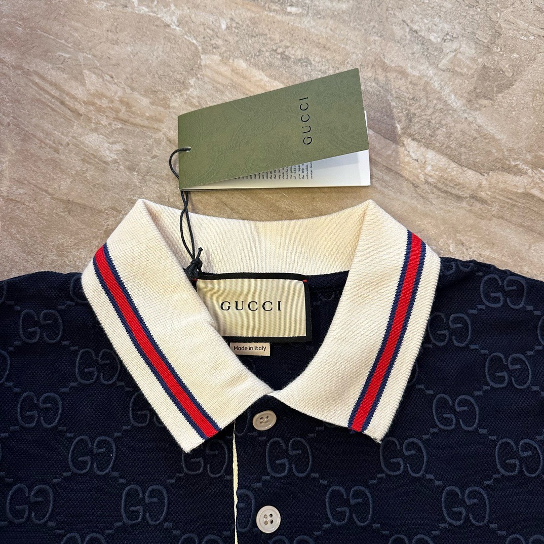 Bagsaaa Gvc*1 Cotton Polo Shirt With GG Embroidery In Dark Blue