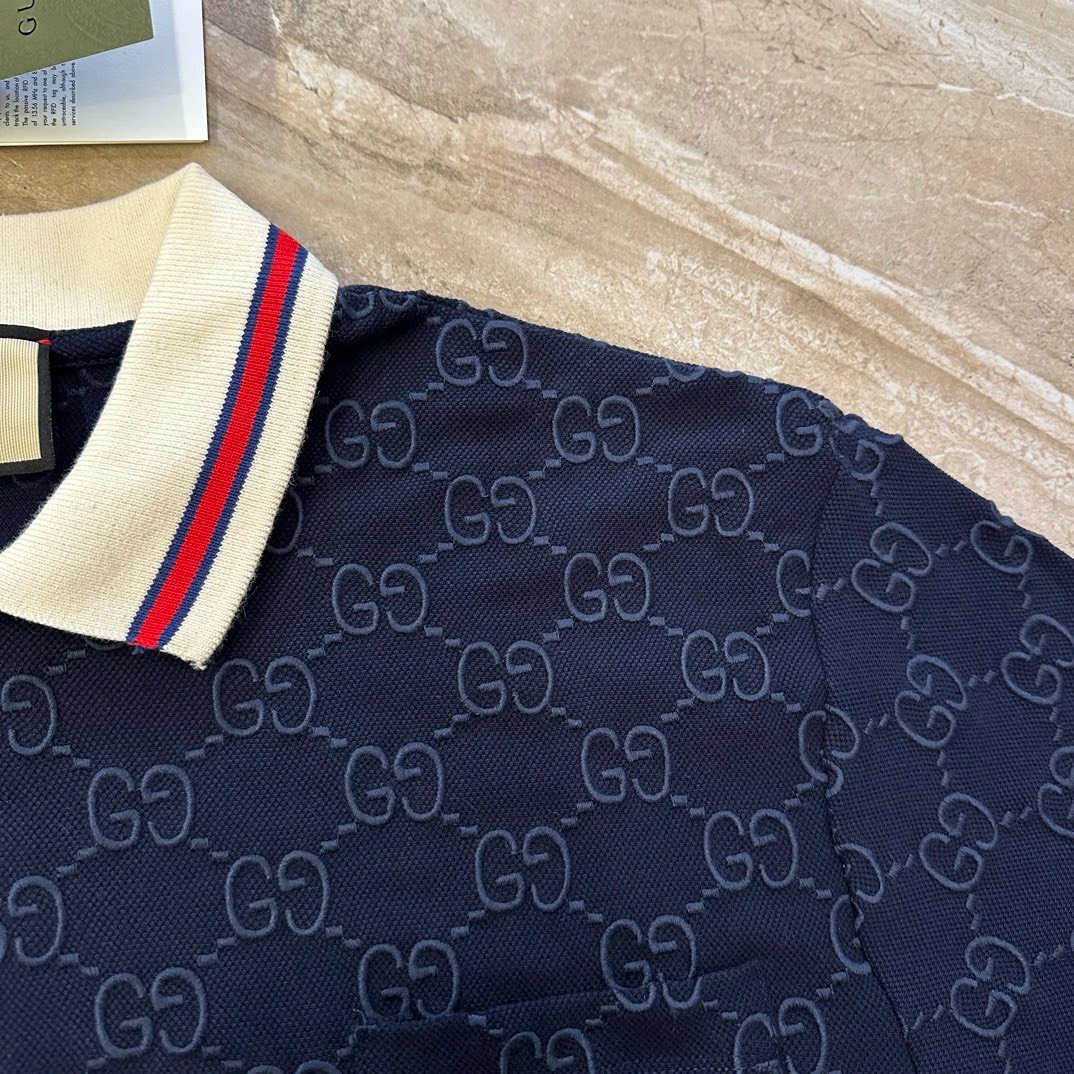 Bagsaaa Gvc*1 Cotton Polo Shirt With GG Embroidery In Dark Blue