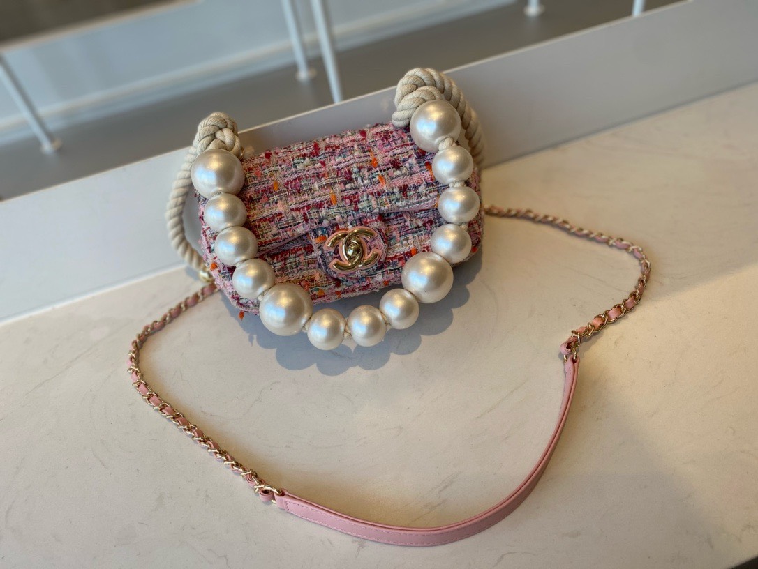 Bagsaaa Ch**el Flap Bag Pink Tweed Leather With Pearl Strap - 19x12x5cm