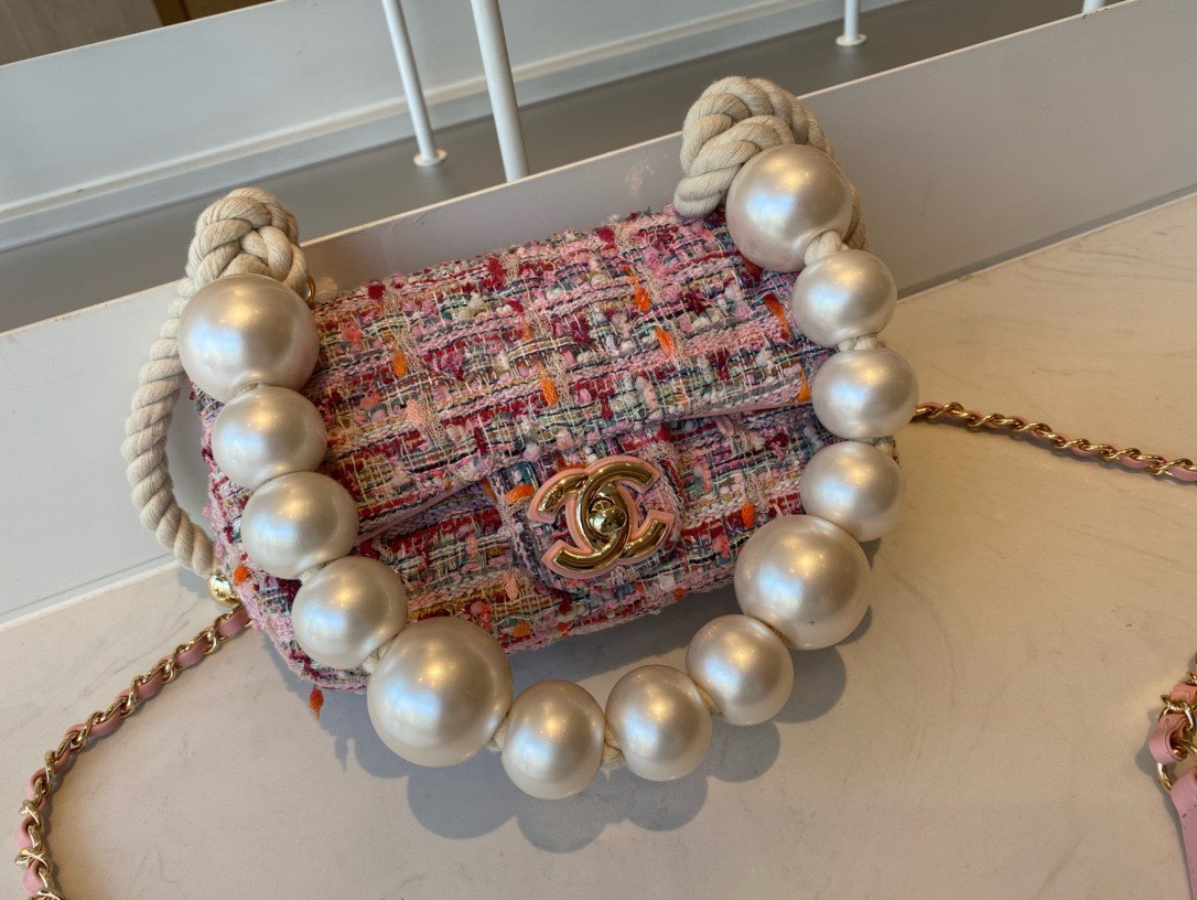 Bagsaaa Ch**el Flap Bag Pink Tweed Leather With Pearl Strap - 19x12x5cm