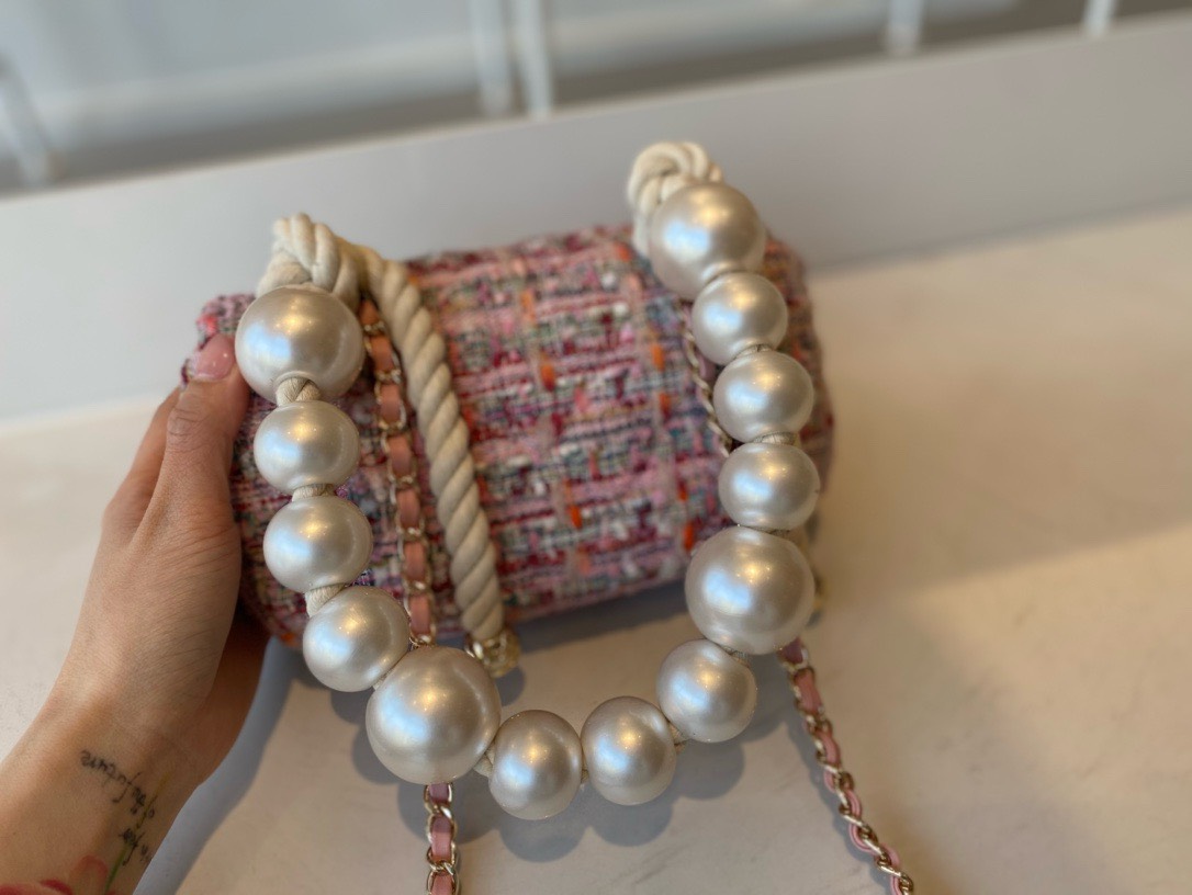 Bagsaaa Ch**el Flap Bag Pink Tweed Leather With Pearl Strap - 19x12x5cm