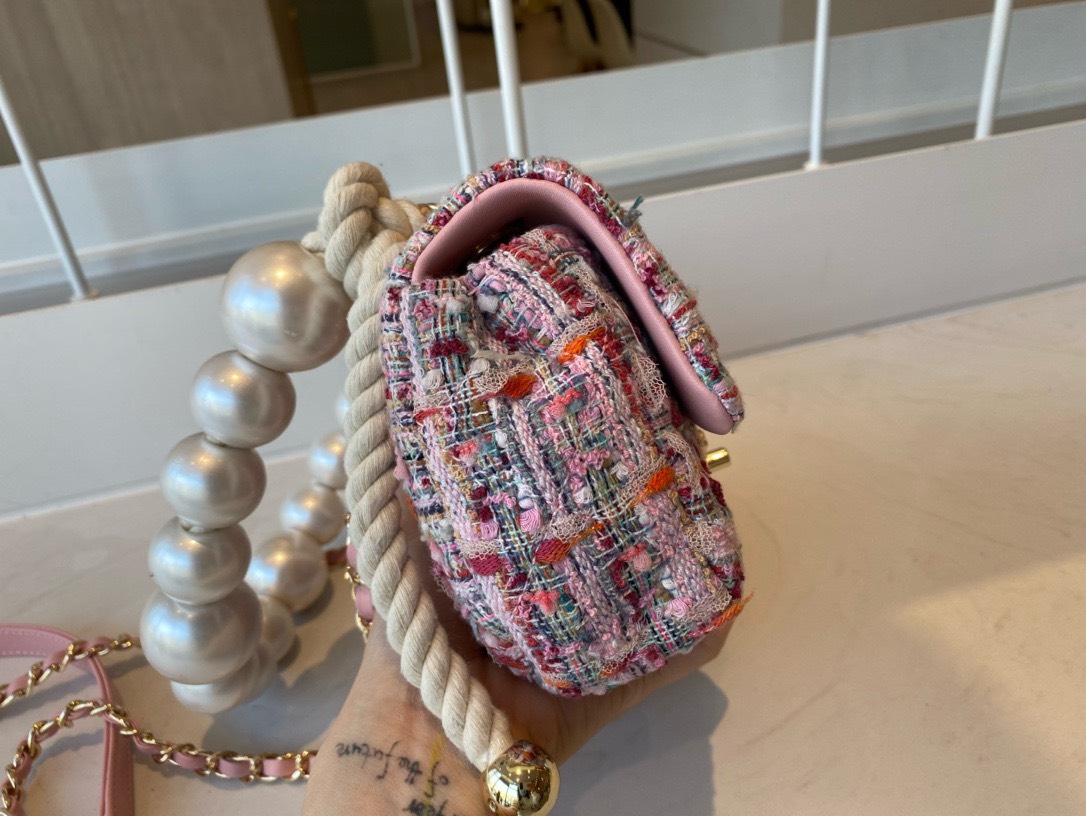 Bagsaaa Ch**el Flap Bag Pink Tweed Leather With Pearl Strap - 19x12x5cm