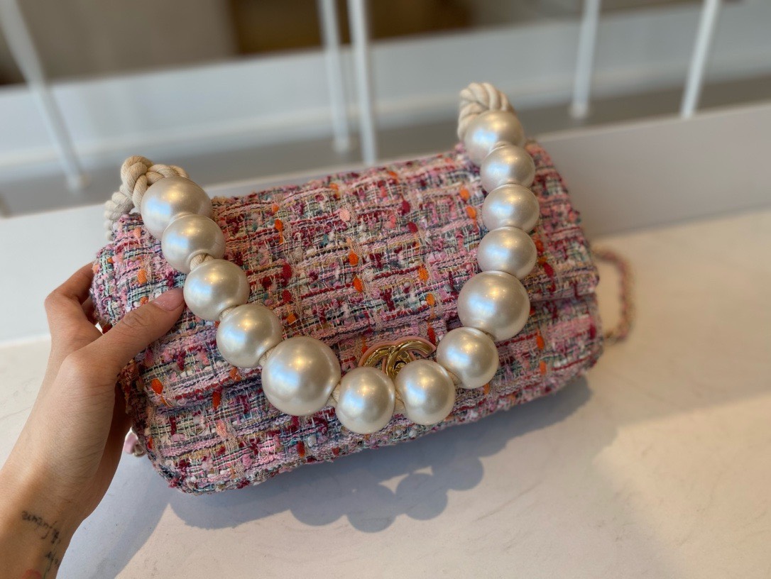 Bagsaaa Ch**el Flap Bag Pink Tweed Leather With Pearl Strap - 26x16x5cm