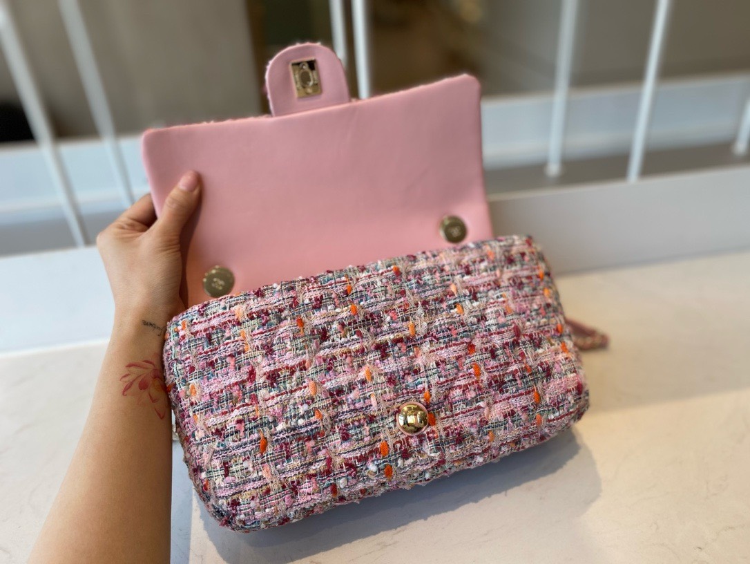 Bagsaaa Ch**el Flap Bag Pink Tweed Leather With Pearl Strap - 26x16x5cm
