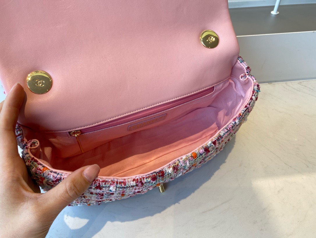 Bagsaaa Ch**el Flap Bag Pink Tweed Leather With Pearl Strap - 26x16x5cm