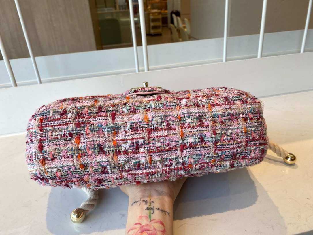 Bagsaaa Ch**el Flap Bag Pink Tweed Leather With Pearl Strap - 26x16x5cm