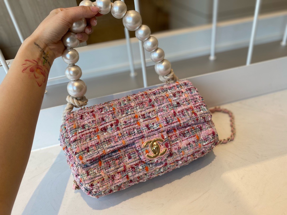 Bagsaaa Ch**el Flap Bag Pink Tweed Leather With Pearl Strap - 26x16x5cm