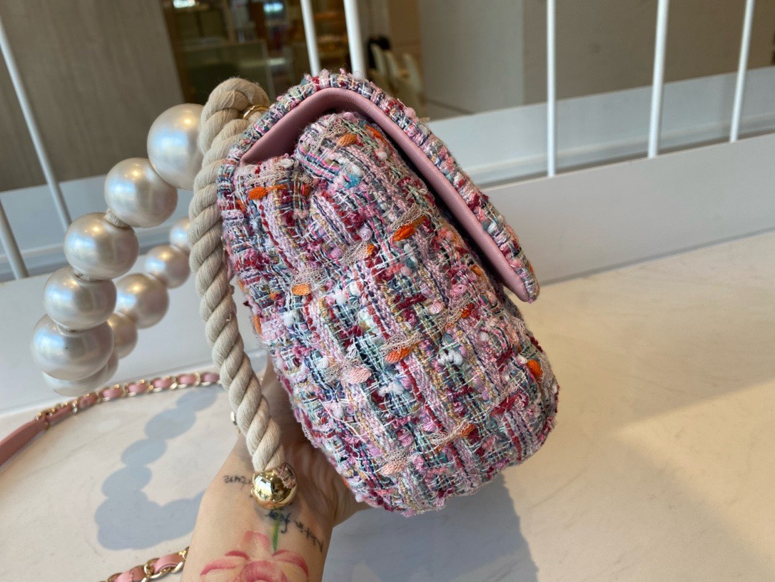 Bagsaaa Ch**el Flap Bag Pink Tweed Leather With Pearl Strap - 26x16x5cm