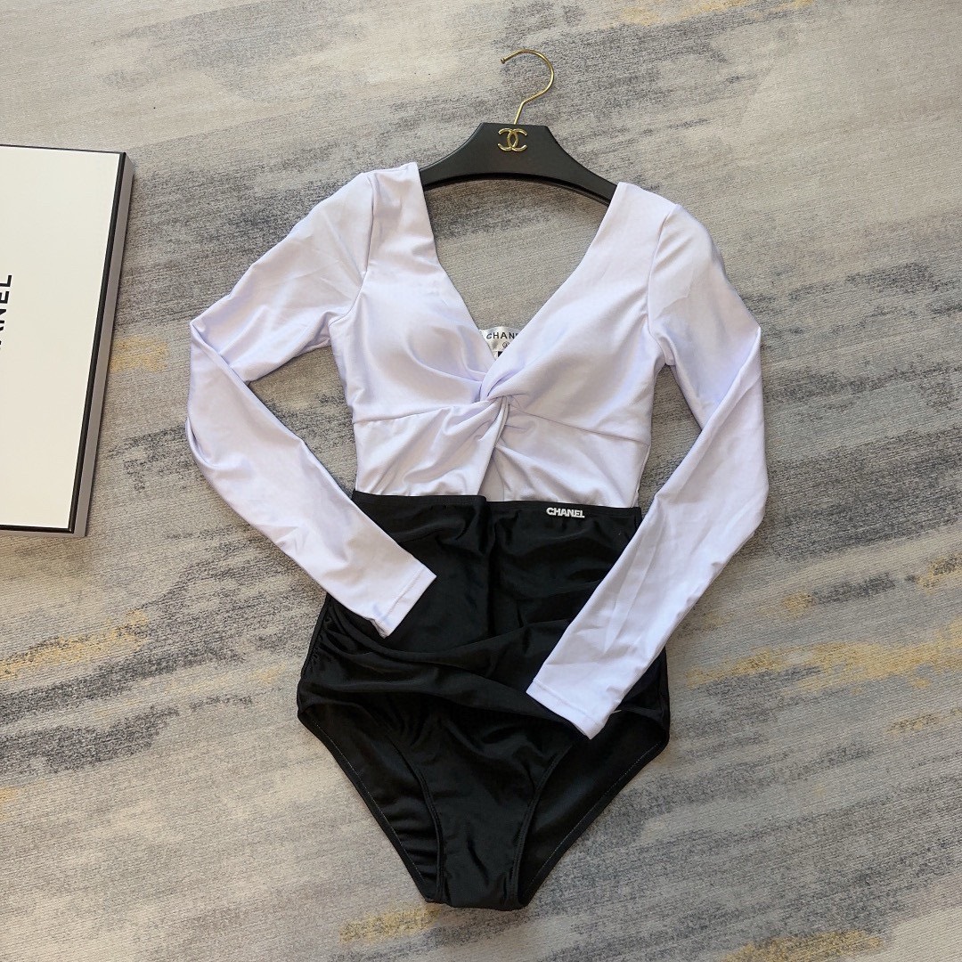 Bagsaaa Ch**el Long Sleeve Swimsuit Black And White