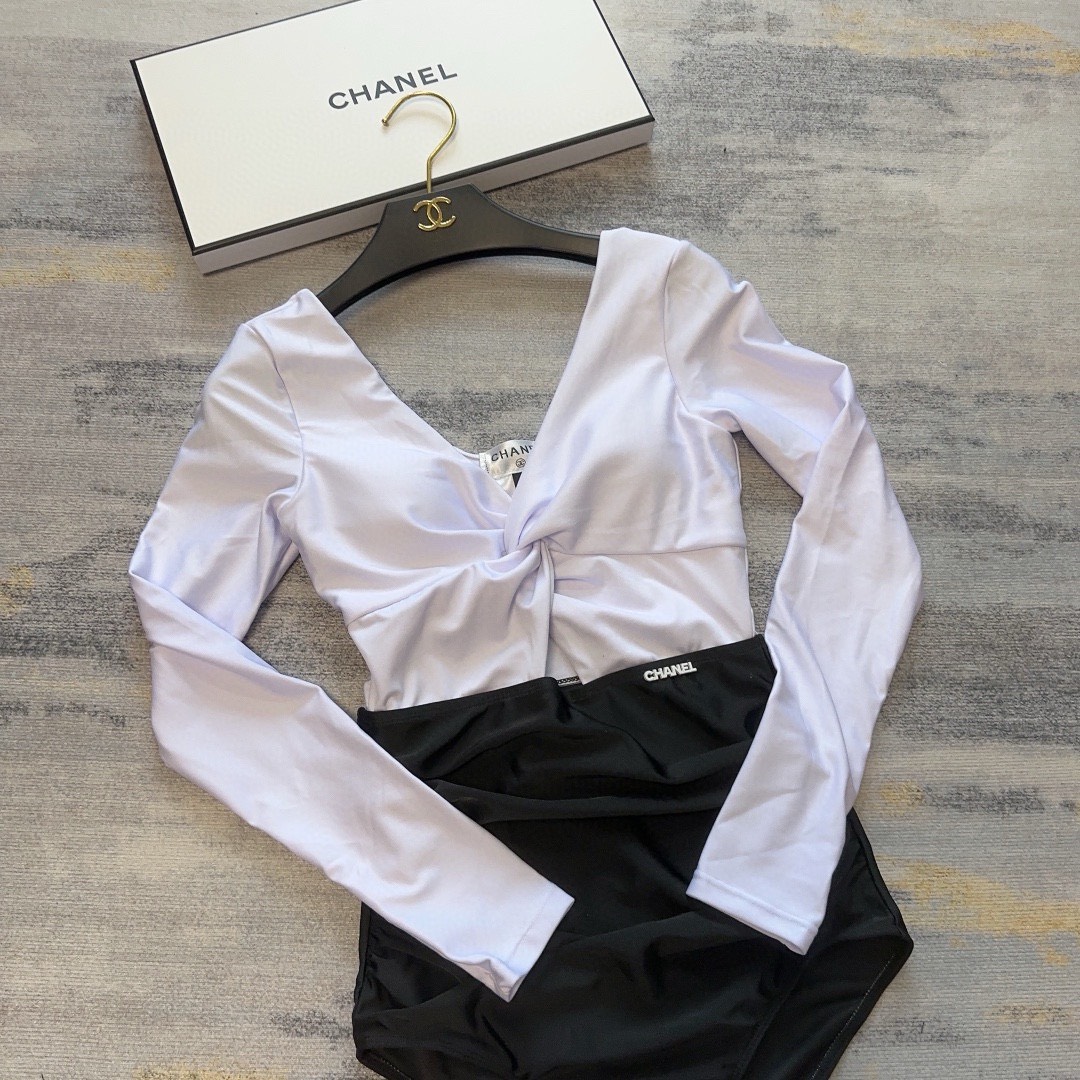 Bagsaaa Ch**el Long Sleeve Swimsuit Black And White