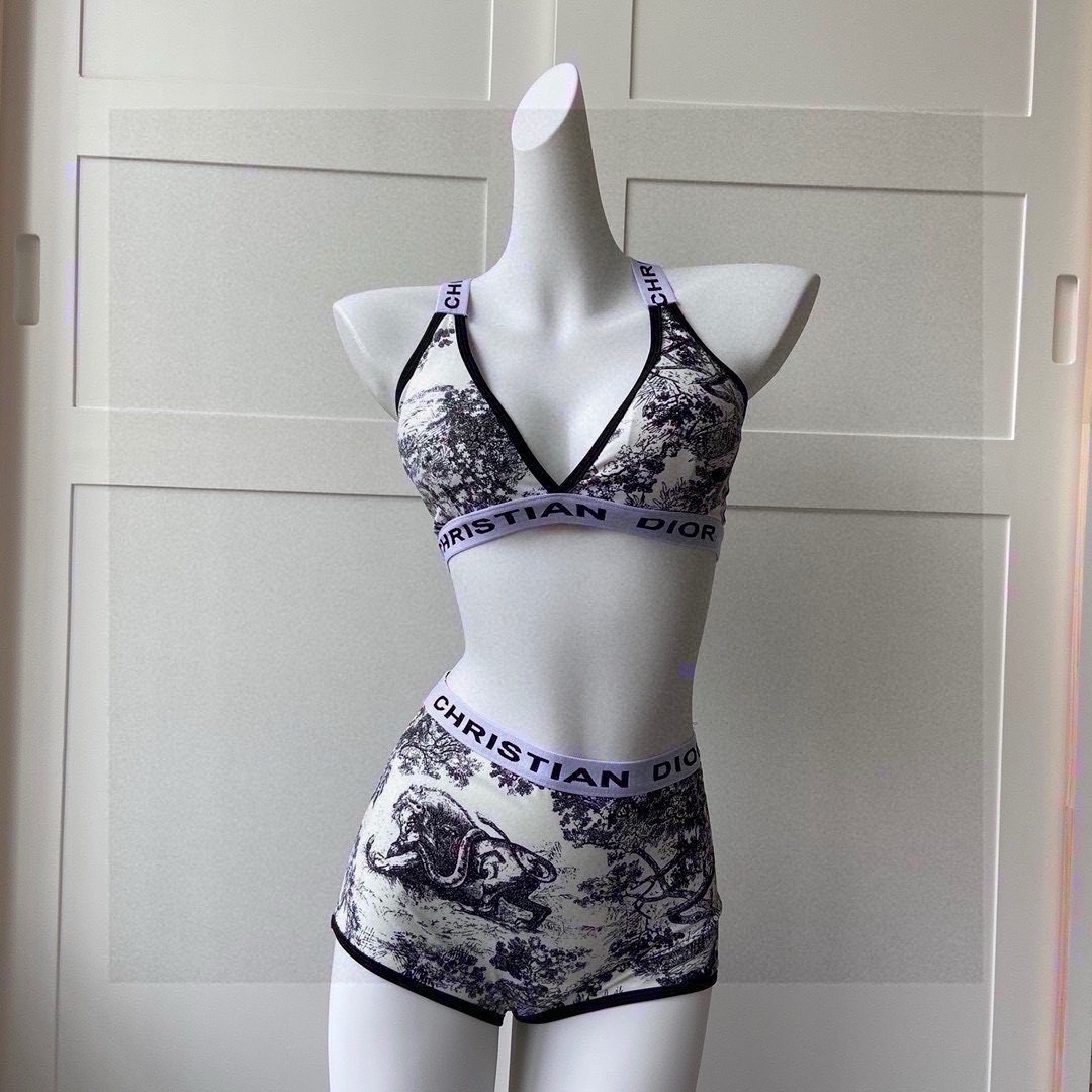 Bagsaaa D10r Swimwear SetEcru and Grey Toile de Jouy 