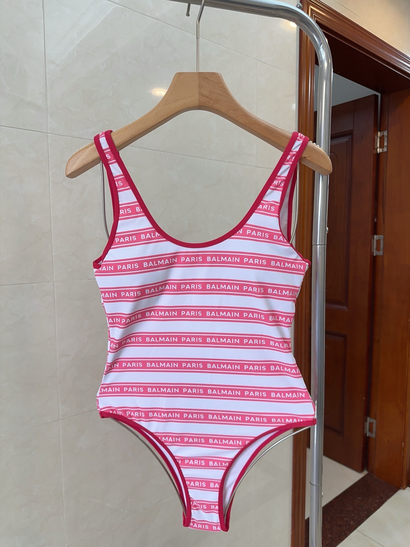 Bagsaaa Balmain Pink One Piece Logo Swimsuit