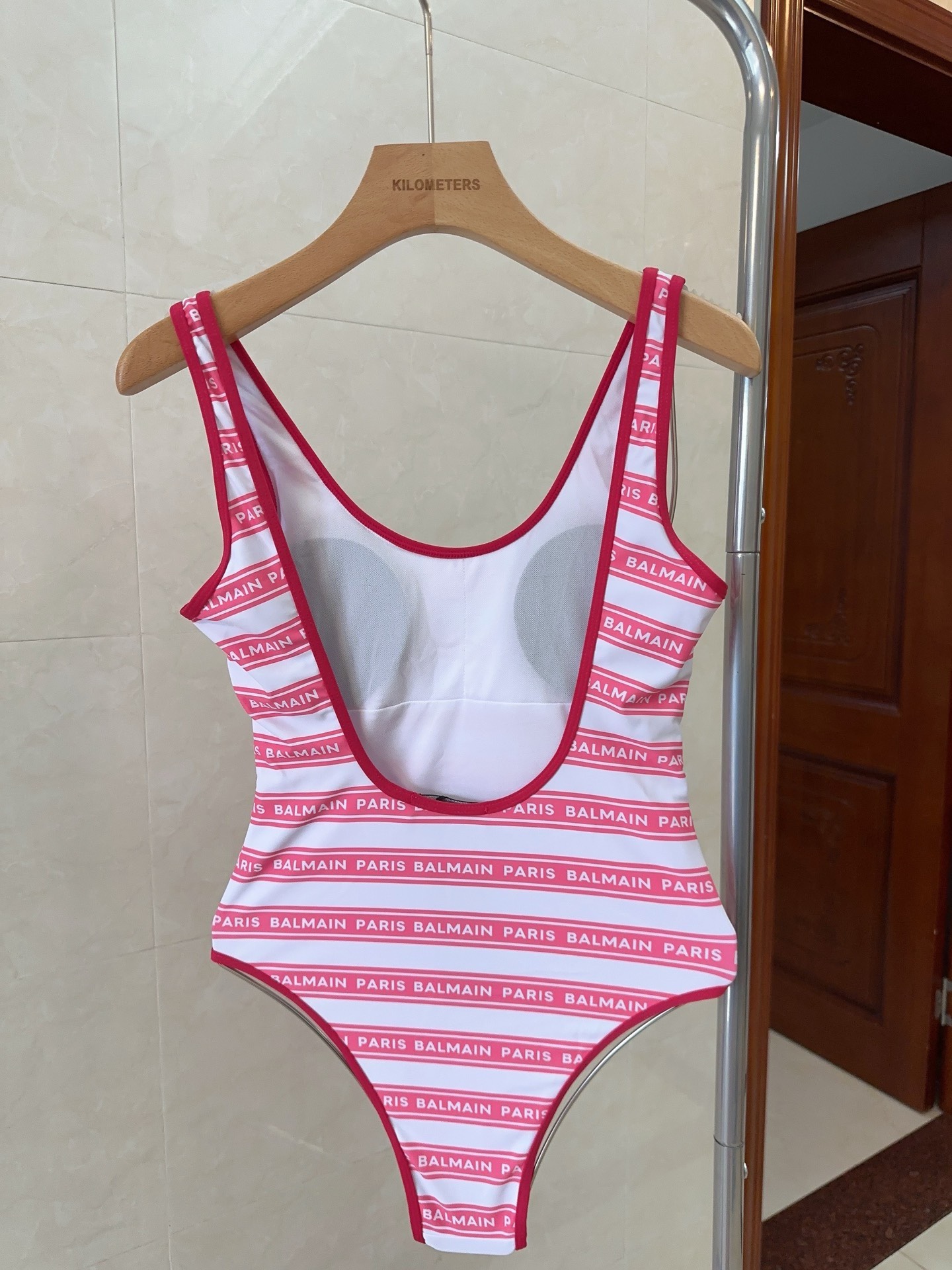 Bagsaaa Balmain Pink One Piece Logo Swimsuit