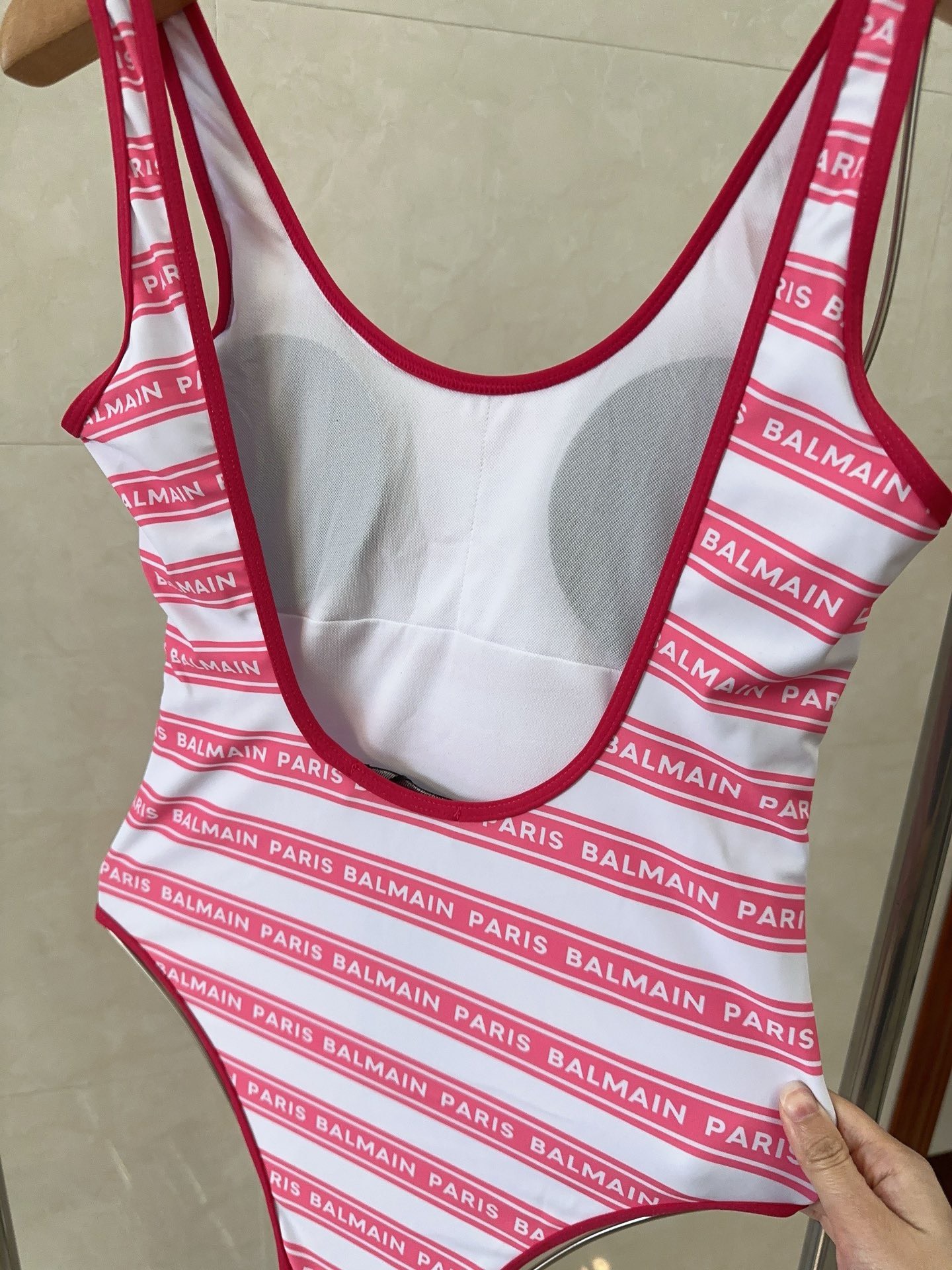 Bagsaaa Balmain Pink One Piece Logo Swimsuit