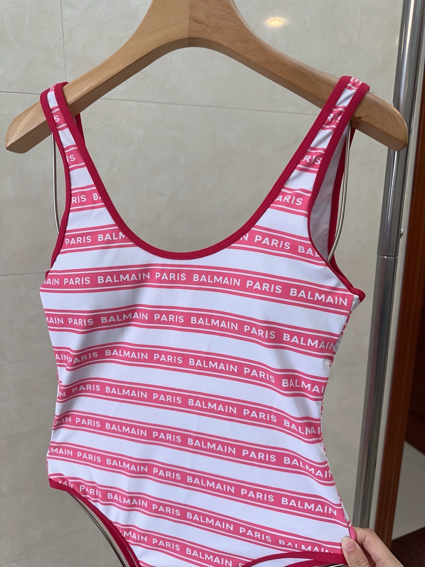 Bagsaaa Balmain Pink One Piece Logo Swimsuit