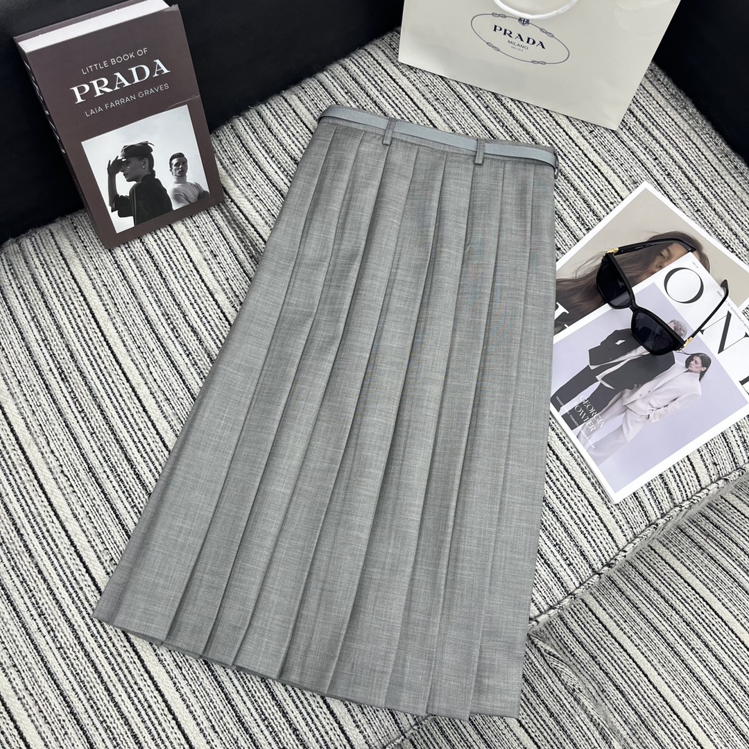 Bagsaaa Pra*a Pleat Long Skirt Grey With Belt