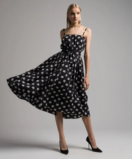 BAGSAAA DOLCE&GABBANA BLACK SILK MIDI DRESS WITH LOGO MONOGRAM PRINT