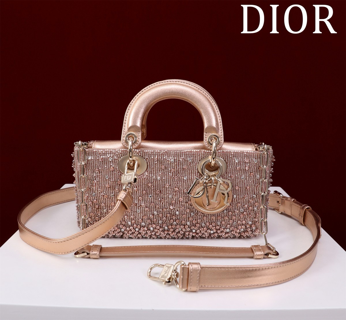Bagsaaa D10r Lady D-Joy Pink Satin with Gradient Bead Embroidery - 22x12x6.5cm