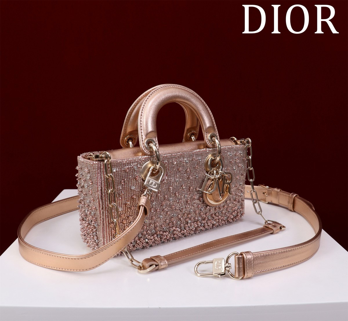 Bagsaaa D10r Lady D-Joy Pink Satin with Gradient Bead Embroidery - 22x12x6.5cm