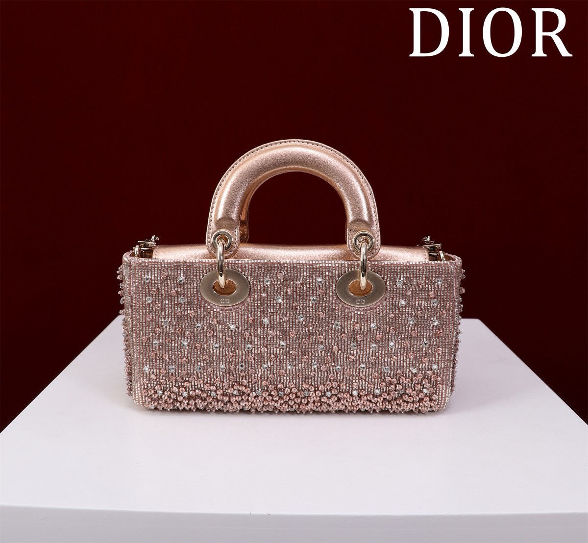 Bagsaaa D10r Lady D-Joy Pink Satin with Gradient Bead Embroidery - 22x12x6.5cm