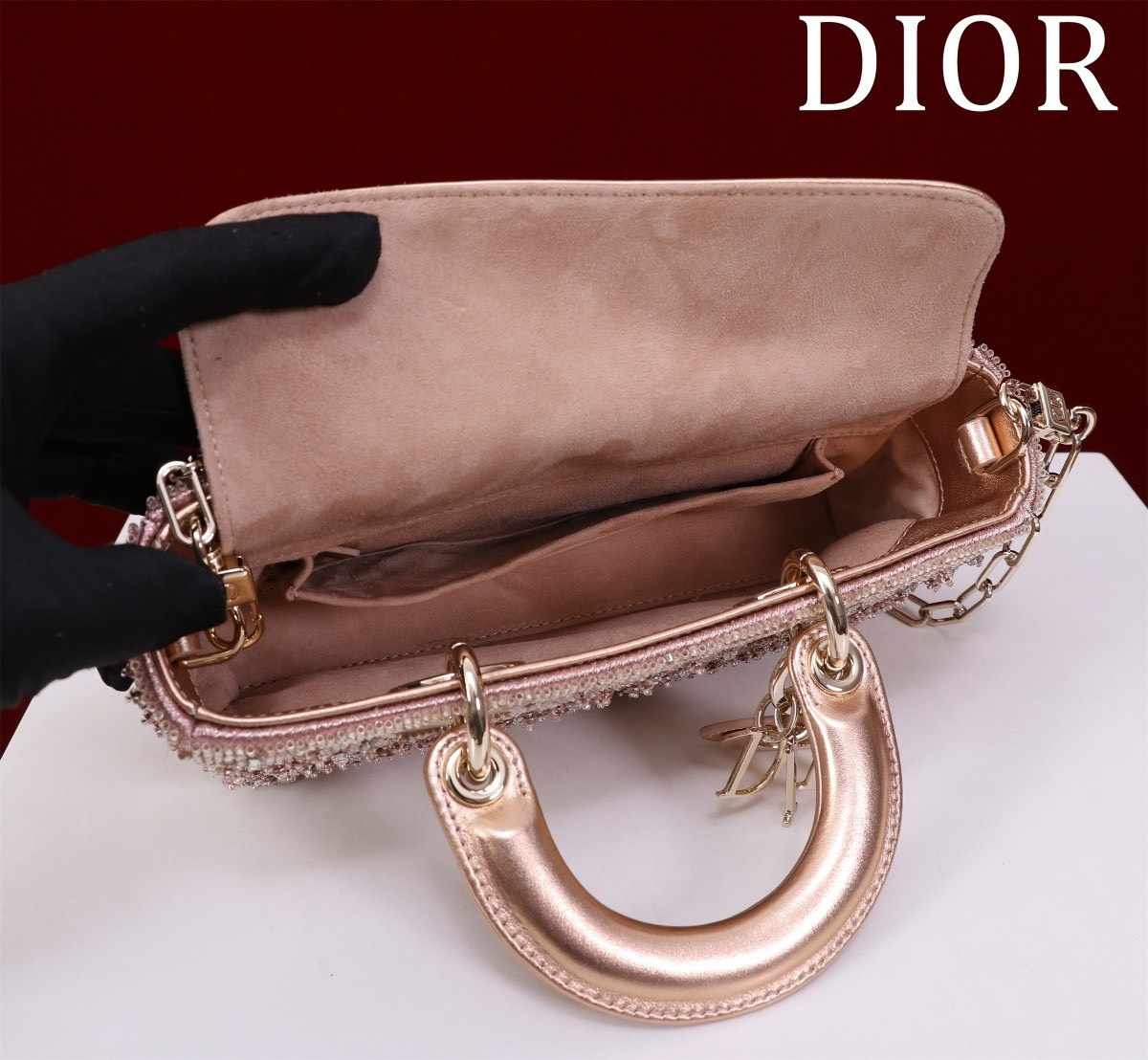 Bagsaaa D10r Lady D-Joy Pink Satin with Gradient Bead Embroidery - 22x12x6.5cm
