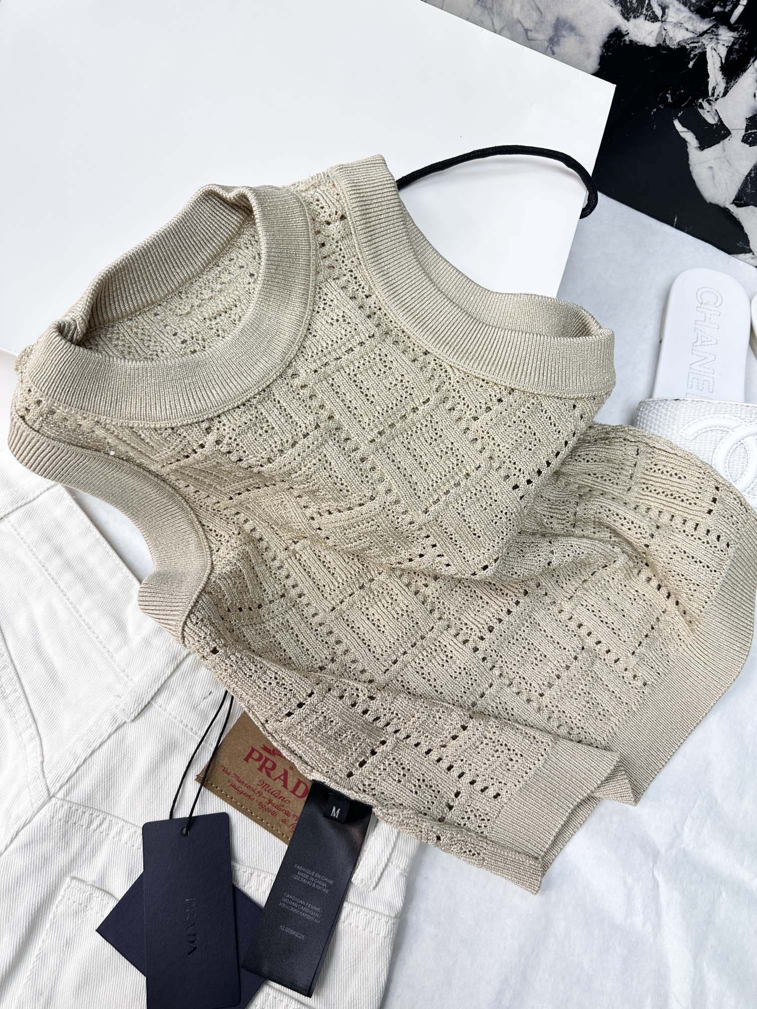Bagsaaa Balmain Sleeveless Monogram Mesh Knit Top