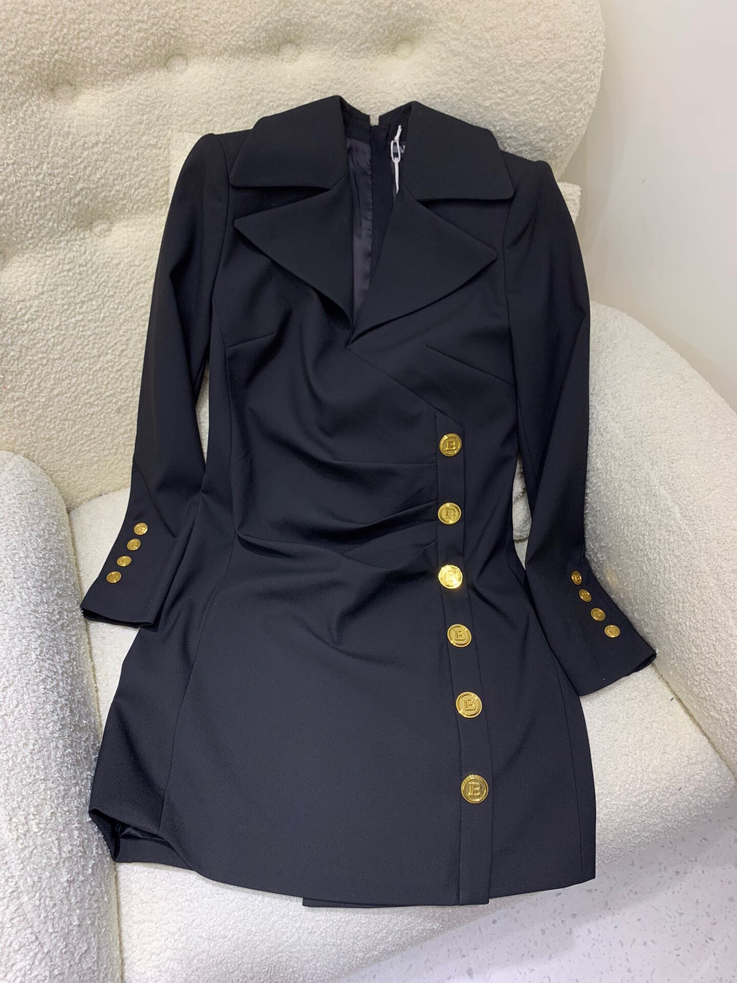 Bagsaaa Balmain Black Gold Button Detail Blazer Dress