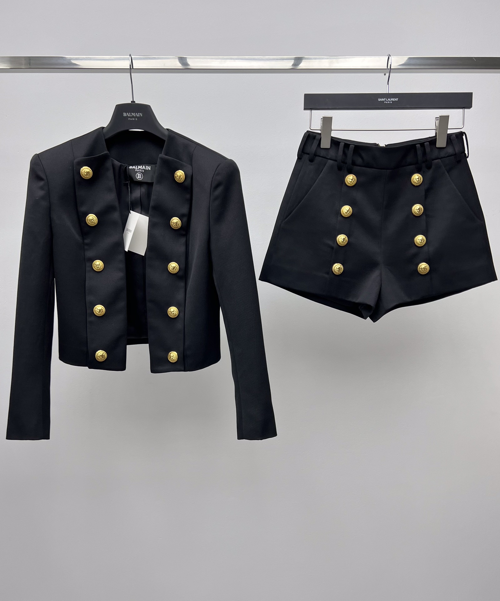 Bagsaaa Balmain Collarless Side To Side Crepe Spencer Jacket and Short