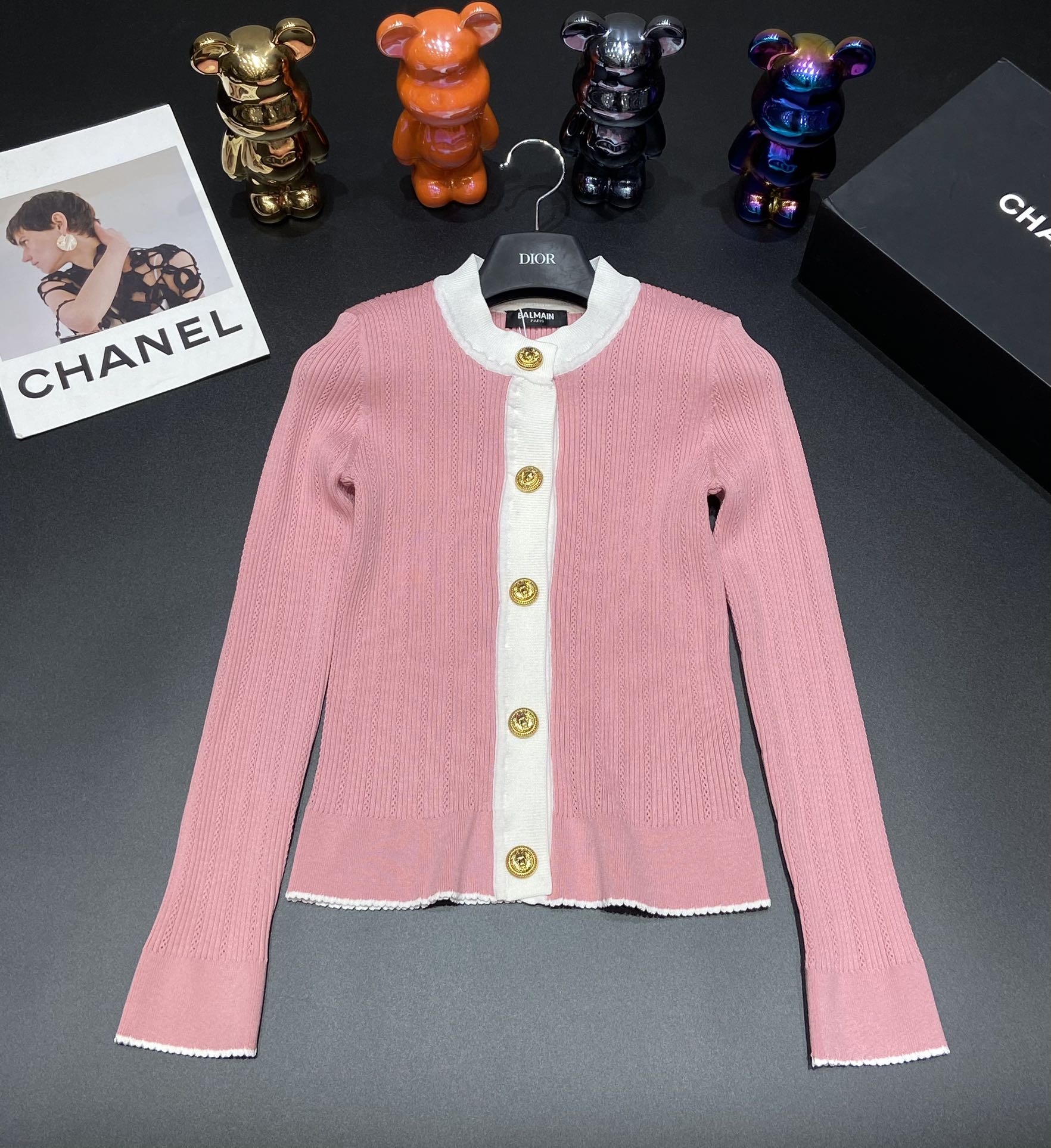 Bagsaaa Balmain Pink Gold Button Cardigan