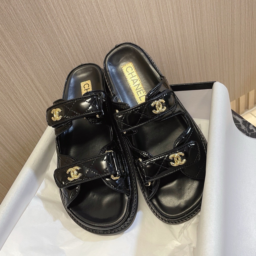 Bagsaaa Ch**el Dad Flat Slides Patent Black Leather