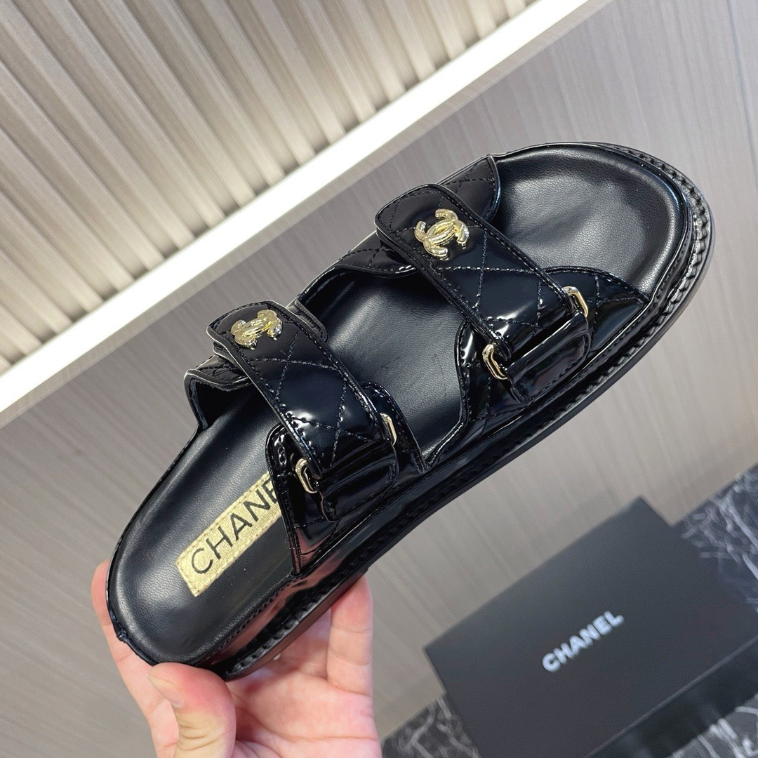 Bagsaaa Ch**el Dad Flat Slides Patent Black Leather
