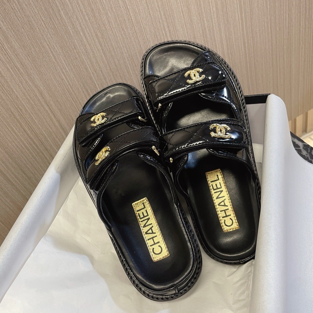 Bagsaaa Ch**el Dad Flat Slides Patent Black Leather