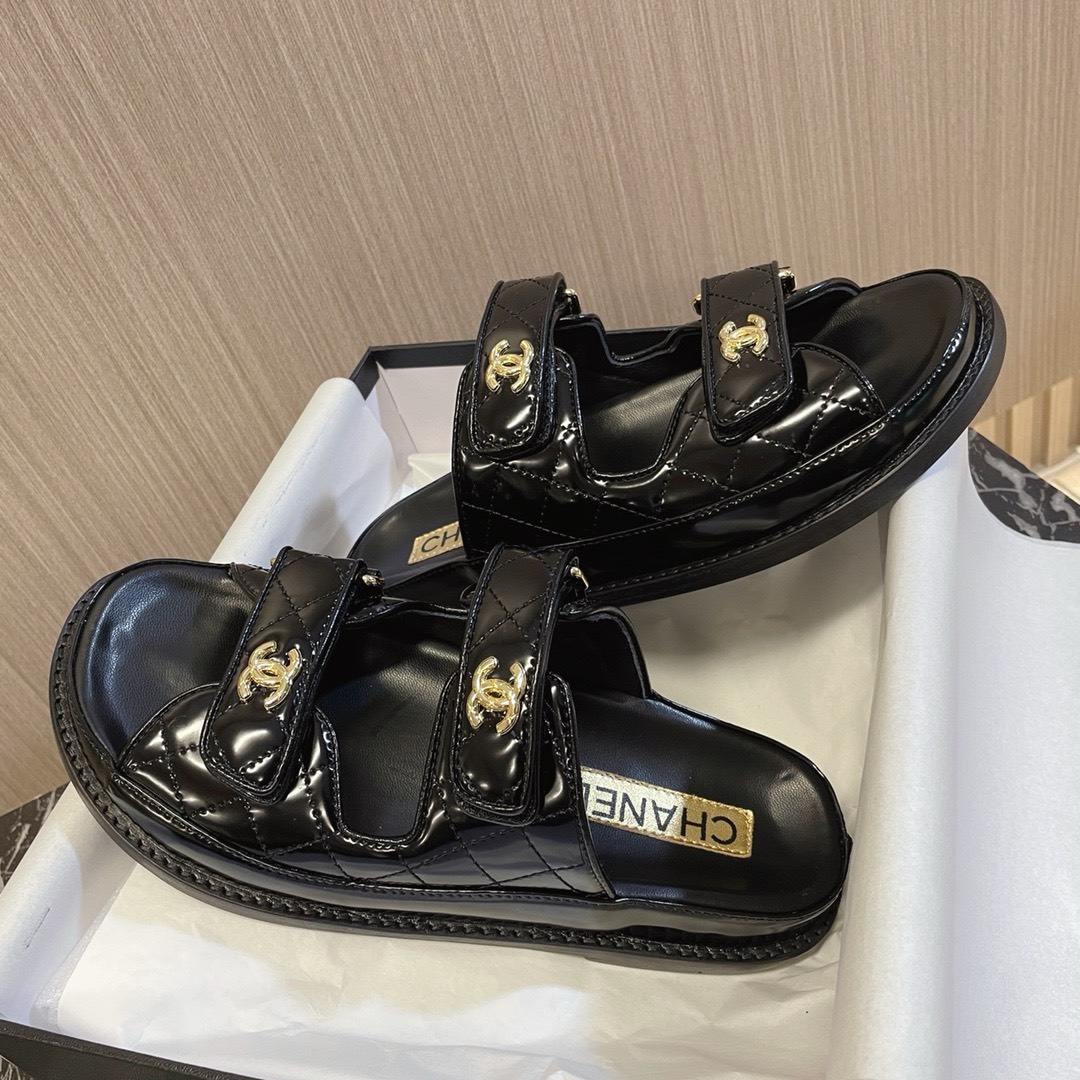Bagsaaa Ch**el Dad Flat Slides Patent Black Leather